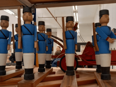 Wooden toy soldiers on display in the Pollock's Toy Museum